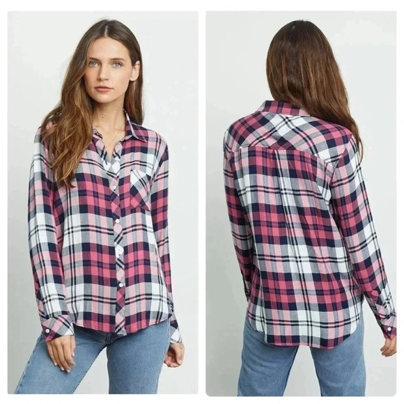 RAILS |Hunter Plaid Button Front Flannel Shirt Mulberry Pink White Indigo Size L - Picture 1 of 12